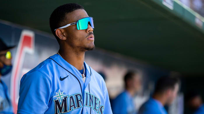 Seattle Mariners outfielder Julio Rodriguez against the Cincinnati Reds during a spring training game at Goodyear Ballpark.